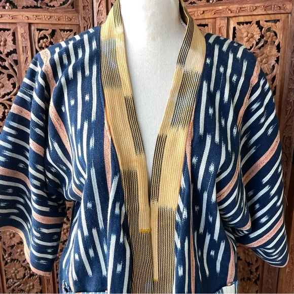 Vintage Handmade African Ikat Tribal Open Front Kimono with Fringe - Picture 2 of 13